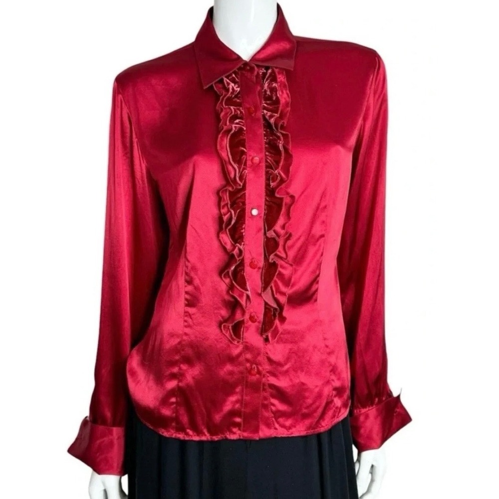 DUE per DUE Red 100% Silk Ruffle Front Button Down Blouse Size 10 Long Sleeve